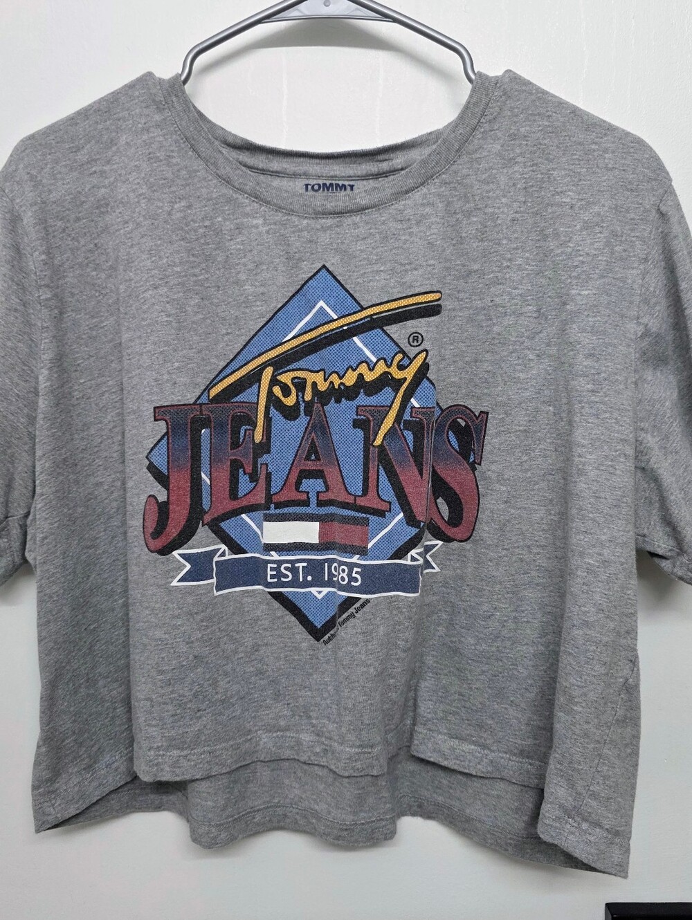 Tommy Hilfiger Gray Cropped Graphic Tee with Multicolor Logo